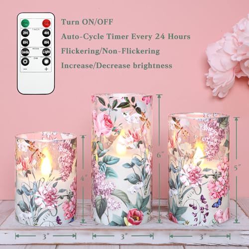 Image of CRYSTAL CLUB Floral Glass Flameless Candles Battery Operated with Remote, Realistic LED Flickering Pillar Candle for Wedding, Home Decor