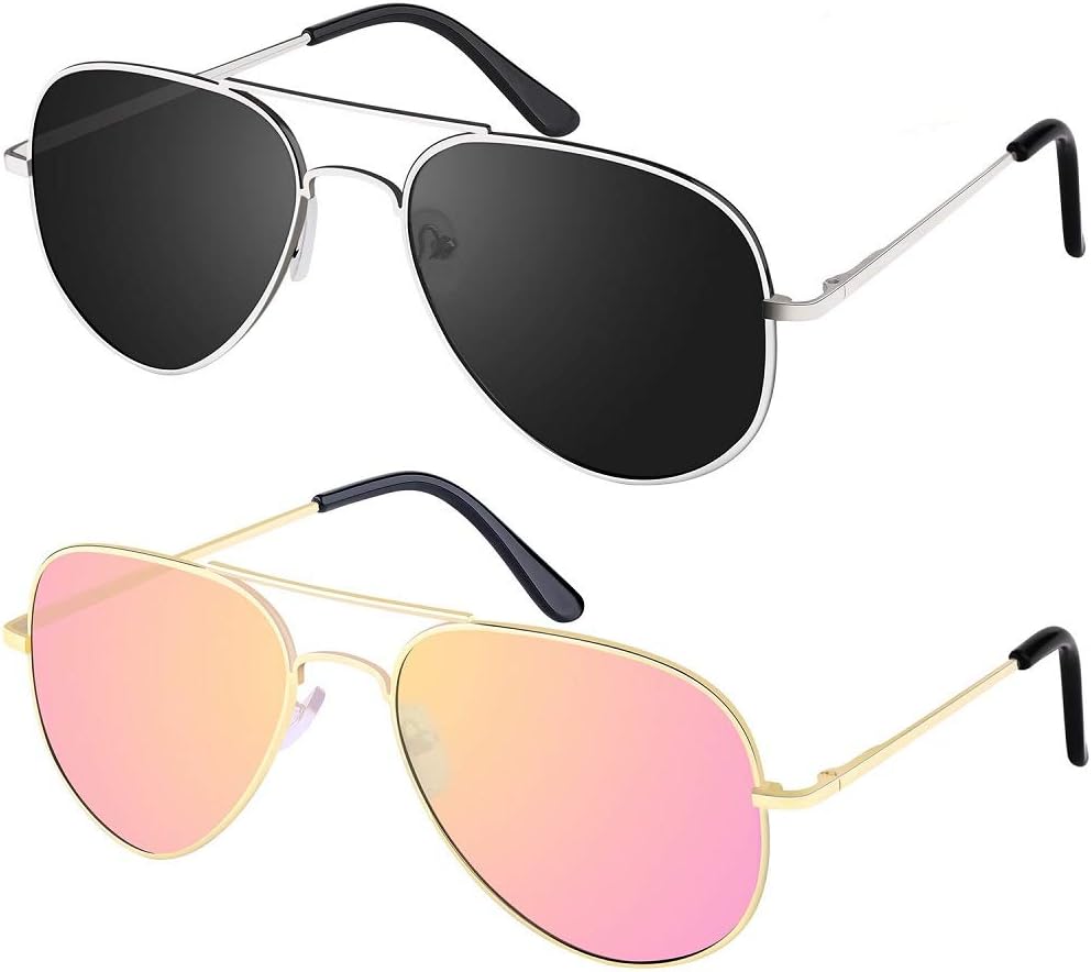 [2 Pack]Elimoons Sunglasses for Men Women Aviator Polarized Metal Mirrored, UV400 Lens Protection, Silver/Black + Gold/Pink