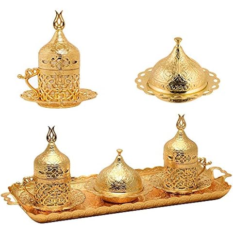 Alisveristime Turkish Coffee Set for Two - Authentic Ottoman Style Cups, Saucers, and Serving Tray with Lale Motifs (Acur) (Gold) Cover