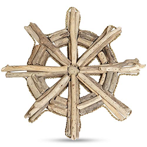 Ship Steering Wheel Wall Décor – Rustic Wooden Nautical Wheel Wall Art, Beach Themed Decoration for Bathroom, Bedroom or Kitchen. Coastal Home Décor Ocean Sea Lake Theme, Handmade Boat Wheel For Walls