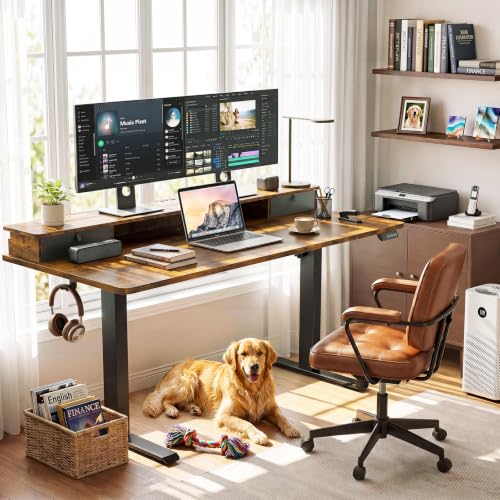 Image of Veken 63x28 in Electric Standing Desk with Drawers, Adjustable Table, Brown | Stand up Computer Desk for Home Office, Work & Study, with Storage, 3 Memory Presets, Cable Organizer, Hook, and Quiet Lift.