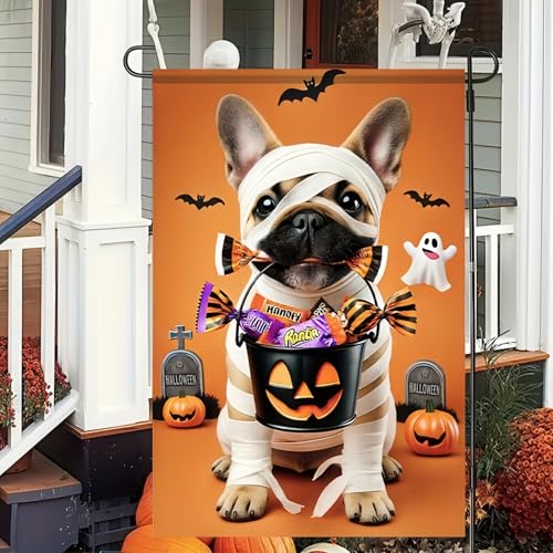 Image of Halloween Decorations Outdoor Garden Flag 12x18 Inch Double Sided French Bulldog Dog Pumpkin Ghost Fall Decor Yard Lawn Porch Patio Halloween Garden Flags