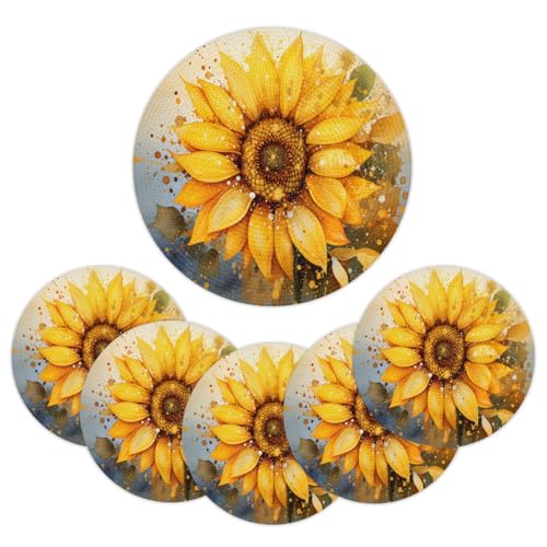 Mintoprints Lindos manteles individuales trenzados redondos de girasol Juego de 6 manteles individuales tejidos de 35 cm manteles individuales lavables para mesa de cocina mesa de comedor