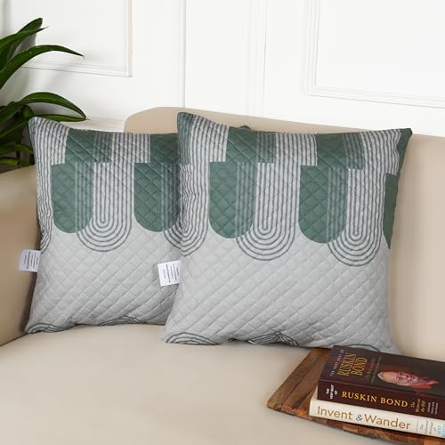 Image of STITCHNEST 'QuadraNest' Series Printed Quilted Velvet Cushion Cover 16x16 Inch Set of 2 | Premium Soft Fabric, Washable & Fade Resistant | Decorative Living Room Cushion Covers | Green & White Wave