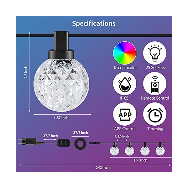 Lichterkette Außen, BEARTWO Smart RGB LED Lichterkette Glühbirnen mit APP und Fernbedienung, 7m 25 G40 Glühbirnen… – Bild 7