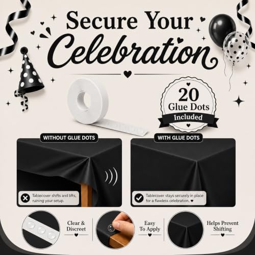 Image of Blue Orchards Black Plastic Table Cover (Pack of 3 with 20 Glue dots) - 54 inch x 108 inch - Black Waterproof & Disposable Tablecloth, Elegant Party Decoration for Graduation, Birthday Party Supplies