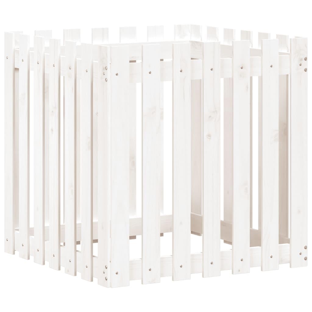 Macetero con diseño de valla de listones, color blanco, 70 x 70 x 70 cm, de madera maciza de pino para flores y plantas, maceta profunda con mucho espacio, uso versátil, material natural
