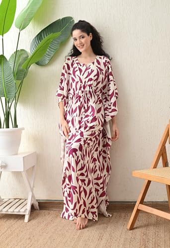 Image of Ichaa Women's Pink Rayon Printed Round-Neck Kaftan-Style Free Size Nighty with Drawstring