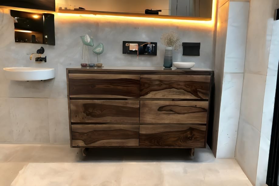 Image of Sheesham Wood Sideboard Cabinet with 6 Drawer Storage for Living Room Home and Office | Chest of 6 Drawer | Sheesham Wood (Light Black)