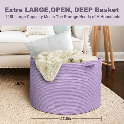 Image of MEGASKET 115L Extra Large Purple Storage Basket, 23.6 inch X 15.7 inch Jumbo Woven Cotton Rope Bin for Throw Blankets Pillows, Baby Laundry Basket, Dirty Clothes Organizer, Big Storage Box for Toys, Towels