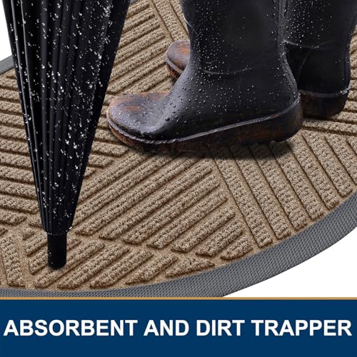 Image of Smiry Half Circle Front Door Mat Outside Entrance, Heavy Duty Sturdy Natural Rubber Doormat, Trap Dirt and Moisture, Low Profile Mats for Indoor Outdoor Entry, Irregular Triangle (29.5x17, Brown)
