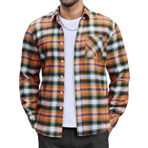 COOFANDY Men's Flannel Plaid Shirt Long Sleeve Button Down Shirt Cotton Casual Lightweight Shirt Jacket Plaid Orange-green Medium