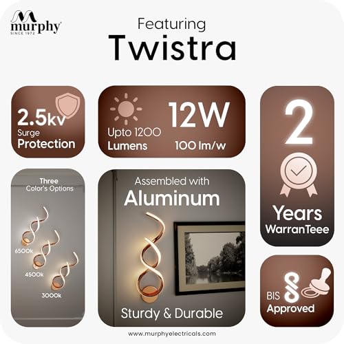 Image of Murphy Twistra Elegant LED Wall Lamp for Home - 2 Years Warranty - Modern Aluminium Light with 3 Color Modes (Rose Gold, Pack of 2)