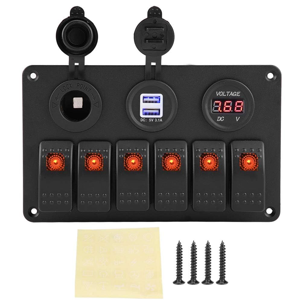 Panel Przełączników, 12V 24V 6 Gang Car Boat Marine LED Panel Przełączników Kołyskowych Podwójny Woltomierz USB Zapalniczka(Pomarańczowy)