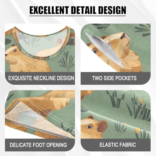 ALAZA Capybara Green Leaves Pajamas Set Short Sleeve Cotton Sleepwear Summer Pjs 2 Piece 5-14Y4