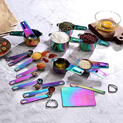 Rainbow Measuring Cups And Spoons Set (19Pcs Set - Titanium Coated), 8 Measuring Cups, 9 Measuring Spoons, 1 Leveler And 1 Magnetic Measurement Chart, Stackable For Easy Storage With Gift Package #TOP1