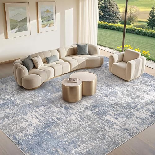 Tortania Washable 10x14 Area Rug for Living Room: Modern Abstract Neutral Large Soft Thin Rugs - Non Slip Indoor Carpet for Bedroom Dining Room Office Nursery Home Floor Decoration - Blue Grey