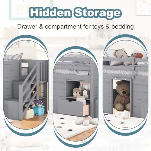 Okak Twin Size Low Loft Bed with Playhouse Loft Bed Frame with Drawer, Shelf,Stairs and Safety Guardrail for Teens, Girls or Boys Loft, Strong Wood Slats Support,Gray