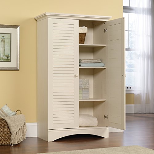 Sauder Harbor View Storage Cabinet, L: 35.43" X W: 16.73" X H: 61.02", Antiqued White Finish #TOP3