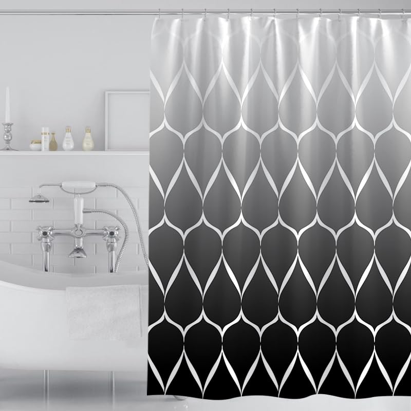 Stylishbed White and Black Shower Curtain Grey Waterproof for Wet Room,180 x 200 cm Drop Mould Proof Shower Curtain Weights for Bathroom Polyester Bath Shower Curtains Washable with 12 Hooks