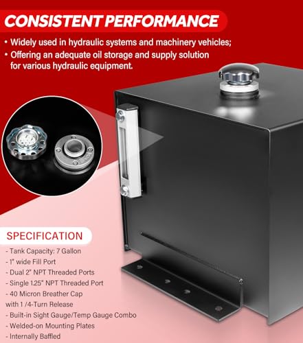 Image of 7-Gallon Hydraulic Fluid Reservoir Tank with Built-in Temp Gauge & Sight Gauge, Breather /Strainer Fill Cap, Horizontal-Mount, 17.5 inchW x 14 inchL x 12 inchH, 14 Gauge Steel