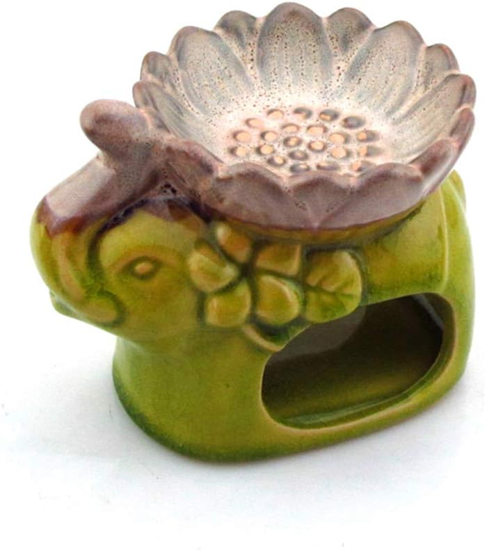 2 pcs Essential Oil Burners Elephant Shape Ceramic Aroma Wax Melt Burner Assorted Tart Warmer Aromatherapy Tealight Scented Diffuser Attractive Elephant Lotus Statue Cute Decoration Pink (Green)