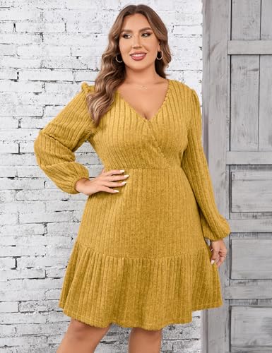 Image of Women's Plus Size Casual Sweater Dress Square Neck Long Lantern Sleeve Tie Waist Loose Pullover Sweater Dresses