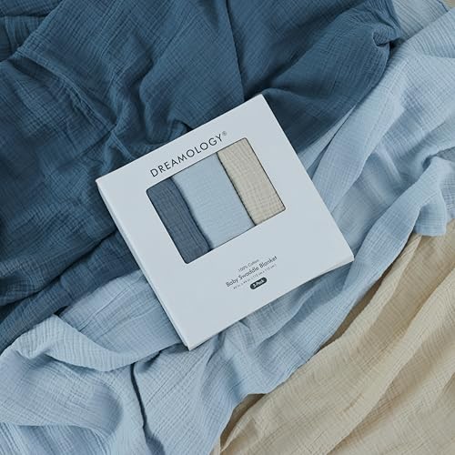 Image of Dreamology Muslin Swaddle Blankets Boy,Girl,100% Cotton Swaddle Blankets,3 Pack,Receiving Blanket for Unisex, Soft, Breathable Swaddle Blanket,Large 44 x 44 inch Cotton Blanket | Blue,Light Blue,Ecru