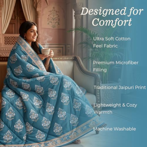 Image of SANMARINO 220 GSM Cotton Comforter for Double Bed | Premium Jaipuri Printed Reversible Quilt | Ultra Soft Lightweight All Season Blanket | Breathable, Skin Friendly - 220 x 230 cm,Peacock Blue
