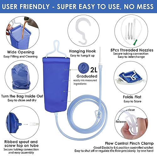 2L Enema Kit Colon Cleansing Irrigation Bag Set Silicone Enema Tubing Hose Tube Replacement, Coffee Enema Bucket Kit Home Shower Intestinal Irrigator for Men Women Detox Constipation 5Pcs Enema Nozzle - Thumbnail 2