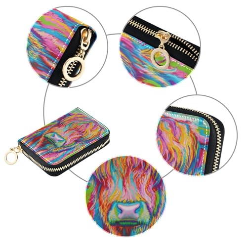 Colorful Paint Highland Cow Women's Wallet Small Credit Card Wallets RFID Blocking Fun Zipper Coin Purse with Key Ring4