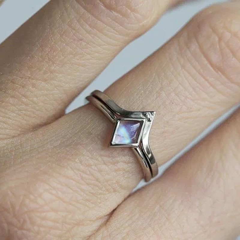 Gixaxak 925 Sterling Silver 2PCS Rhombus Moonstone Ring Set Fashion Geometric Vintage Stackable Rings Imitation Moonstone Zircon Couple Ring for Women 9
