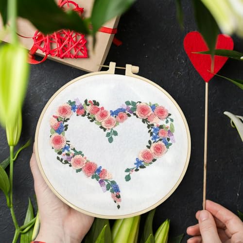 Image of FONNUY Love Heart Crewel Embroidery Kit for Beginners, Pre-Stamped Pattern Kits for Adults with Hoop, Easy to Follow Color Thread Needlework, 8'' Hoop (Floral Heart 2)