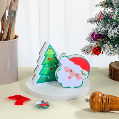 Image of 2Pcs Christmas Dish Sponges, Cute Santa Christmas Tree Household Cleaning Dishwasher Sponges, Dual Sided Non-Scratch Scouring Pad for Kitchen Dishes Pots Furniture
