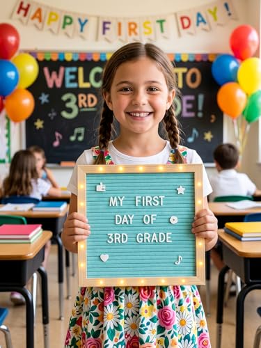 Image of 10 inchx10 inch Felt Letter Board with LED Lights & Stand, First Day of School Sign | Wall /Desk Display, 450-Letter, Message Custom Signs Poster Board, Baby /Pregnancy Announcement /Classroom /Birthday Decor, Blue