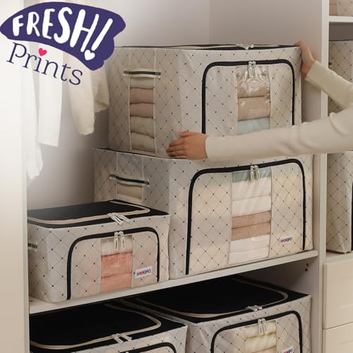 Image of HOKIPO 66L Folding Storage Box and Organiser for Clothes, 600D Oxford Fabric Storage Box, Ivory Noir Pack of 2 (AR-6486-BLK*2)