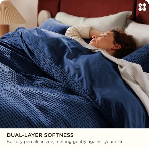 Image of Bedsure Cotton Duvet Cover Set - 100% Cotton Waffle Weave Navy Duvet Cover Oversized King Size, PureWoven Breathable Bedding Set for All Season, 3 Pieces, 120 inchx98 inch