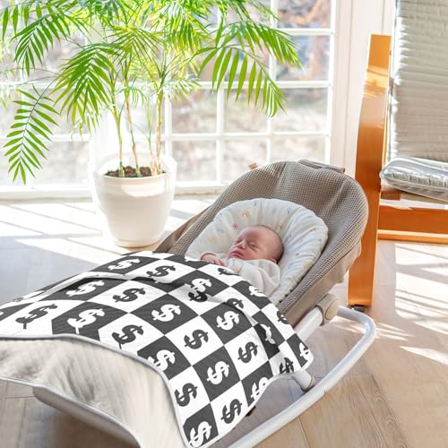 Image of Dollar Sign Black White Checkered Baby Swaddle Blanket for Boys and Girls, Muslin Baby Receiving Swaddle Blanket, Soft Cotton Nursery Swaddling Blankets for Newborn Toddler Infant