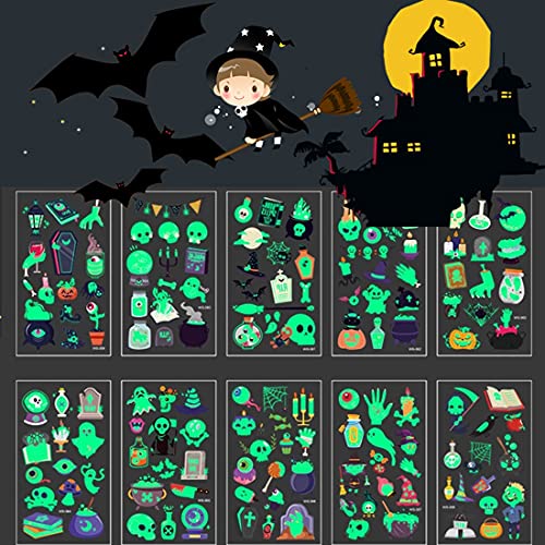 KITBE Halloween Fluorescent Temporary Tattoo Stickers for Kids 10 Sheets Luminous Ghost Skull Witch Fake Tattoos Body Art Leg Arm Face DIY Decoration Treat or Trick Gift Set Party Favors Accessories