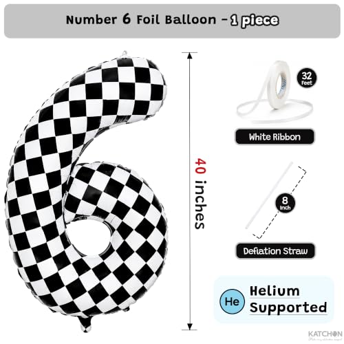 Image of KatchOn Checkered Number 6 Balloon for 6th Birthday Decorations - 40 Inch