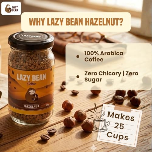 Image of Lazy Bean Hazelnut Flavoured - Premium Instant Coffee Powder 50g (Pack of 2)| Strong Black Coffee, Rich Aroma, Quick-Dissolving Granules | Ready in Seconds for Hot or Iced Brews at Home, Office, Travel