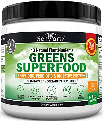 Super Greens Superfood Powder - Greens Powder with Probiotics Prebiotics Digestive Enzymes and 43 Green Superfoods - Chlorophyll Bilberry Chlorella Spirulina Grass - Tastes Amazing - 30 Servings