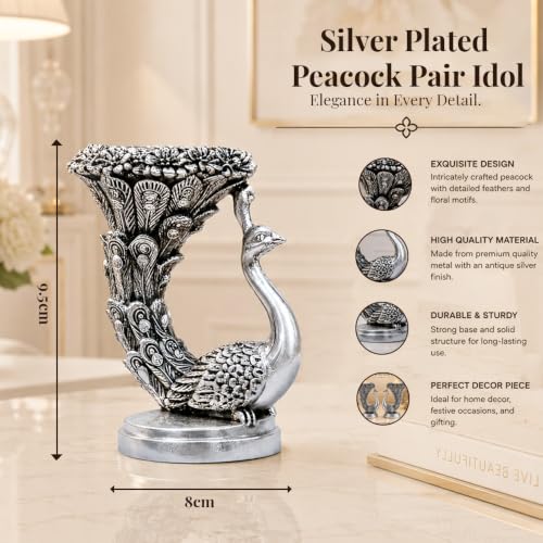 Image of Diviniti 999 Silver Plated Peacock Pair Tealight Holder|Antique Silver Finish|Premium Gift Box Included | Elegant Peacock Diya Stand|Luxury Home Decor Centerpiece|Housewarming, Festive Gift|9.5 x 8 cm