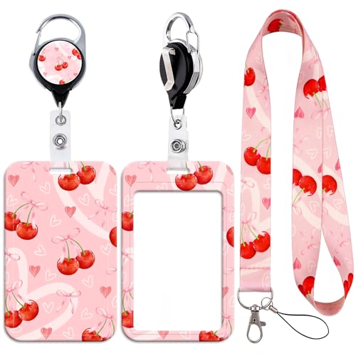 Lanyard Card Holder Set with Heart Cherry Design - Durable, Reusable Badge Holder with Neck Strap for ID Cards, Access Cards, Work Badges (3 in 1)