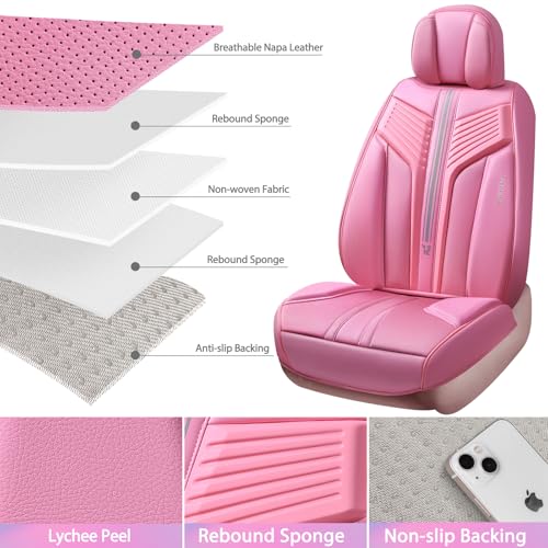 Image of CAR PASS Pink Nappa Leather Seat Covers, Cute Girly Car Seat Covers Full Set for Women, Luxury 3D Sponge Support Waterproof Car Seat Protector, Universal Fit SUV Pick-up Truck Sedan Automotive