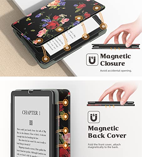 Image of MoKo Case for 7 inch /6.8 inch Kindle Paperwhite(12th /11th Gen-2024 /2021) and Kindle Paperwhite Signature Edition,Slim PU Shell Cover Case with Auto-Wake /Sleep for Kindle Paperwhite 2024, Rose On Black
