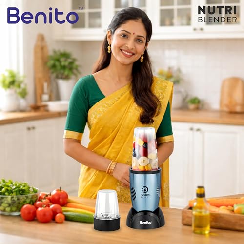 Image of Benito FUSION Bullet 500W Nutri Mix Grinder with 2 Jars | Compact ABS Body with Premium Motor | All-in-One Mixer for Smoothies, Spice, Juices & More | Blue | 1 Years Warranty