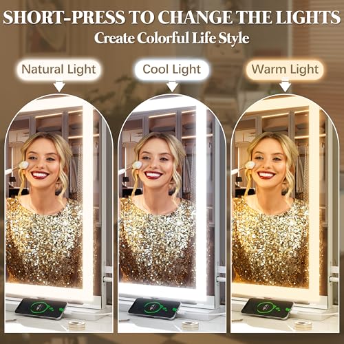 Image of FENNIO Vanity Mirror with Lights 32 inchx22 inch, Lighted Makeup Mirror, Large Vanity Mirror, Touch Sensor with 3-Color Lighting, USB Charging Port for Vanity Desk(Square White)