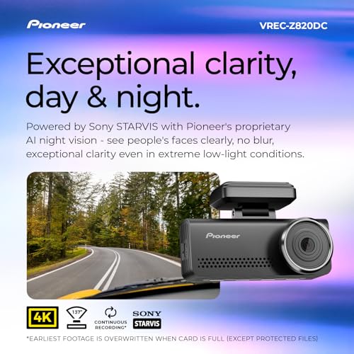 Image of Pioneer VREC-Z820DC Dual Dash Cam Front and Rear Car Camera - Premium 4K Camera, AI-ISP Starvis Night Vision, 139 Degree Wide Lens, ADAS Safety Alerts, Built in GPS, Impact Detection, 24 /7 Coverage