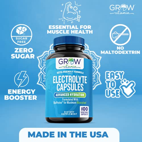 Grow Vitamin Electrolyte Capsules - Electrolyte Supplements For Supporting Energy, Endurance, And Hydration - Salt Pills And Electrolyte Tablets - Sugar Free, No Maltodextrin, Keto Friendly - 100 Caps #TOP3
